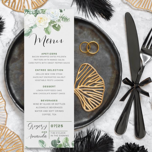 Invitation Elégant Roses Blanches & Verdure Menu Mariage (Créateur téléchargé)