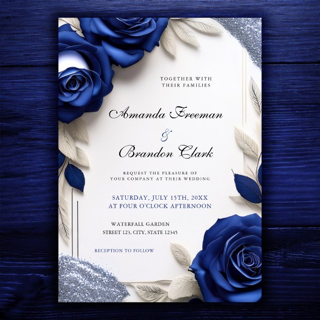 Invitation Elégant Roses bleu marine et Mariage Parties scint (Créateur téléchargé)