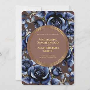 Invitation Elégant Roses bleu marine Floral & Or Brown