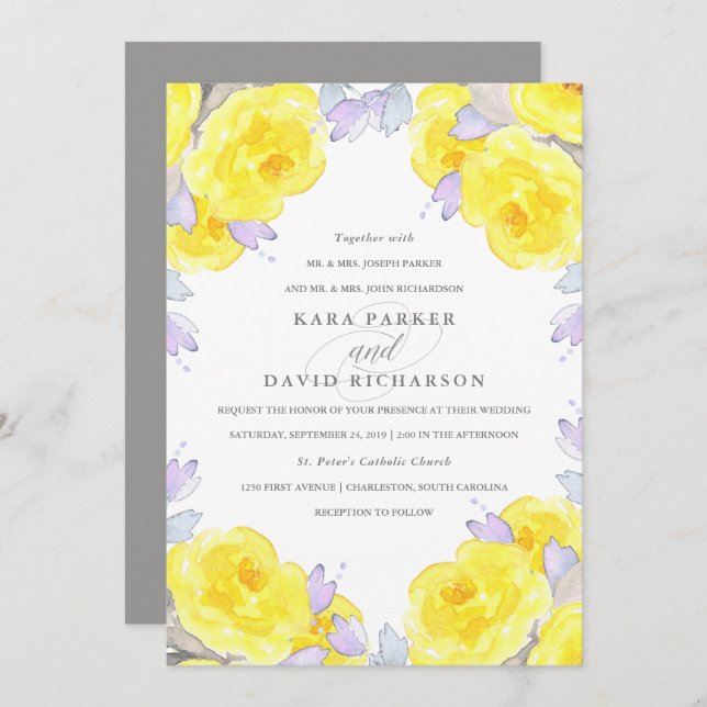 Invitation Elégant Roses d'aquarelle jaune | MARIAGE (Devant / Derrière)