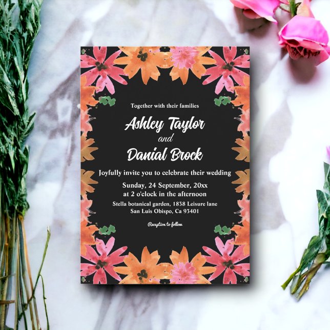 Invitation Elégant Roses d'aquarelle noire automne Mariage fl (Créateur téléchargé)