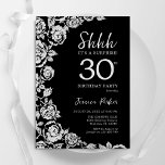 Invitation Elégant Roses d'argent noir surprise 30e anniversa<br><div class="desc">Invitation à la fête du 30e anniversaire de la surprise florale en argent noir. Design élégant avec rose, faux feuille d'argent et police de script de typographie. Carte invitation tendance parfaite pour une célébration anniversaire élégante. Peut être customisé à n'importe quel âge. Invitations Zazzle imprimées ou téléchargement instantané modèle imprimable...</div>
