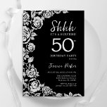 Invitation Elégant Roses d'argent noir surprise 50e anniversa<br><div class="desc">Invitation à la fête du 50e anniversaire de la surprise florale en argent noir. Design élégant avec rose, faux feuille d'argent et police de script de typographie. Carte invitation tendance parfaite pour une célébration anniversaire élégante. Peut être customisé à n'importe quel âge. Invitations Zazzle imprimées ou téléchargement instantané modèle imprimable...</div>