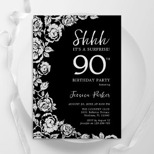 Invitation Elégant Roses d'argent noir surprise 90e anniversa