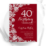 Invitation Elégant Roses d'argent rouge fête de 40e anniversa<br><div class="desc">Invitation de fête de 40e anniversaire en argent rouge. Design élégant avec rose,  faux feuille d'argent et police de script de typographie. Carte invitation tendance parfaite pour une célébration anniversaire élégante. Peut être customisé à n'importe quel âge. Invitations Zazzle imprimées ou téléchargement instantané modèle imprimable numérique.</div>