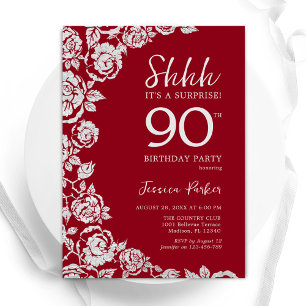 Invitation Elégant Roses d'argent rouge surprise 90e annivers
