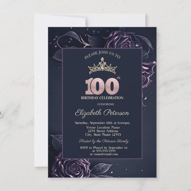 Invitation Elegant Roses Dark Gothic 100e Anniversaire (Devant)