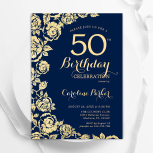 Invitation Elégant Roses de la Marine Blue Gold 50e anniversa