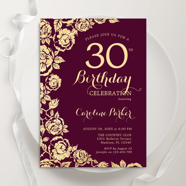 Invitation Elégant Roses d'or de Bourgogne 30e anniversaire (Créateur téléchargé)