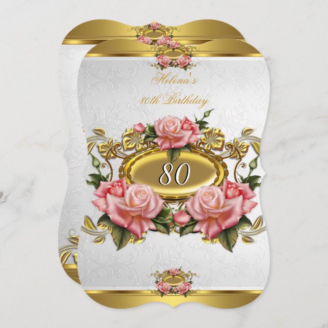 Invitation Elégant Roses d'or rose blanc 80e anniversaire 2 (Devant / Derrière)