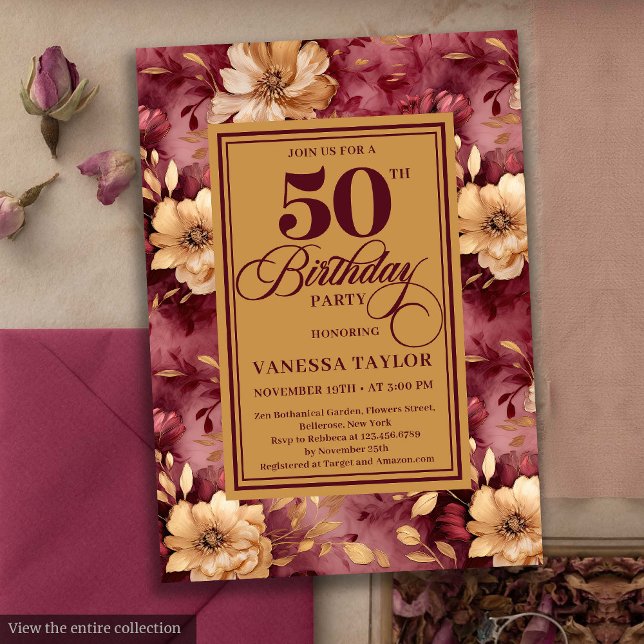 Invitation Élégant roses d'or rousse bordeaux 50e anniversair (Elegant burgundy blush gold roses 50th birthday invite

)