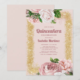 Invitation Élégant Roses Florales Roses Fleurs Rose Pailleté 