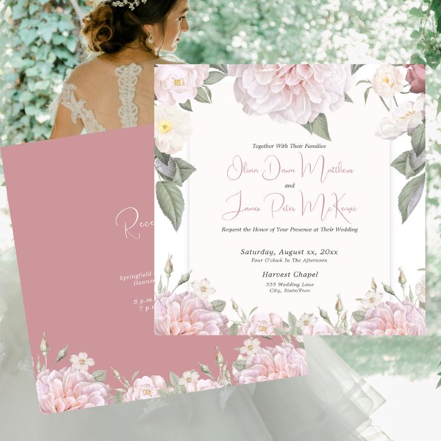 Invitation Elégant Roses Rose Jardin Mariage (Elegant Pink Roses Garden Wedding Invitation with Pink Reverse)