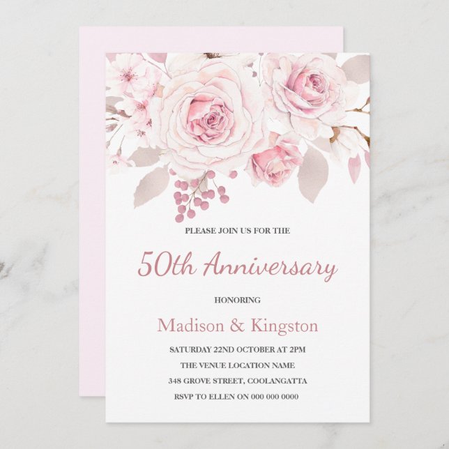 Invitation Elegant Roses Roses Blush 50 ans de Mariage (Devant / Derrière)