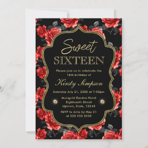 Invitation Elégant Roses rouge et noir avec cadre or doux 16