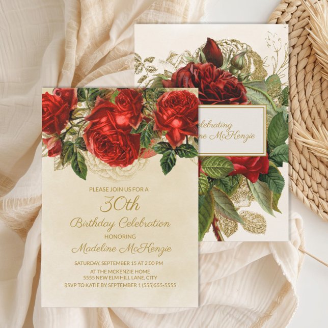 Invitation Elegant Roses Rouges Champagne 30e Anniversaire (Elegant red roses on cream 30th birthday party invitation)
