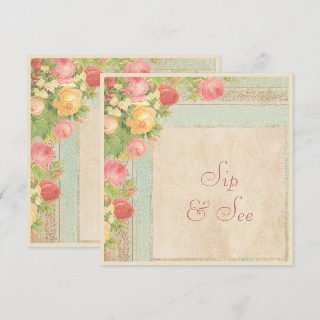 Invitation Élégant Roses Vintage Sip & See (Devant / Derrière)