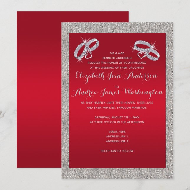 Invitation Élégant Rouby Rouge & Mariage de Bagues Argent Spa (Devant / Derrière)