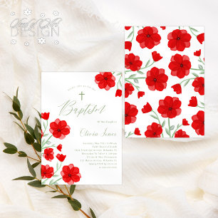 Invitation Elégant rouge Aquarelle Poppy Floral Baptême