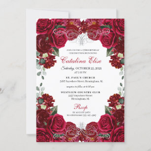 Invitation Elégant Rouge & Argent Floral Quinceanera Annivers