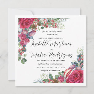 Invitation Élégant Rouge Blanc Floral Mariage de Noël Carré