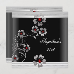 Invitation Elégant Rouge Blanc Noir 21e Fleurs d'anniversaire