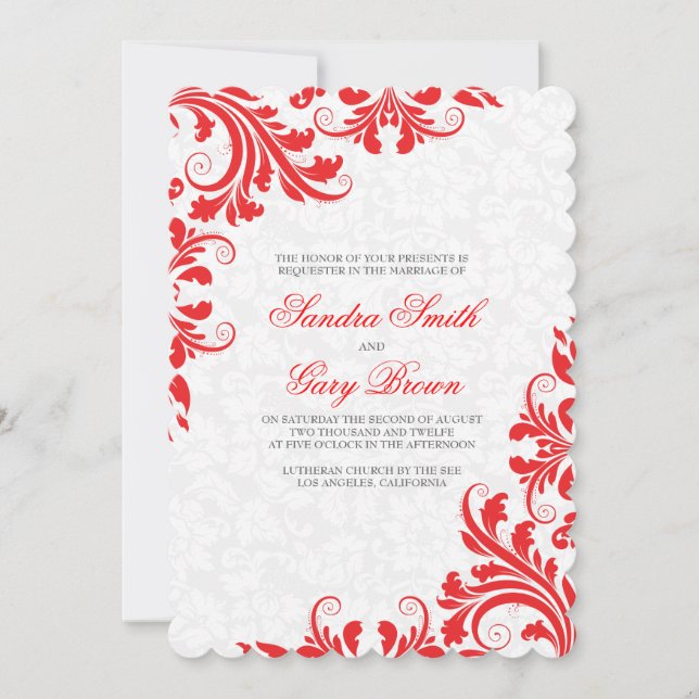 Invitation Elégant rouge dentelle blanc Damas Mariage Invitat (Devant)