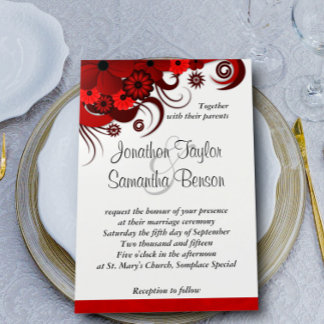 Invitation Élégant Rouge et Blanc Floral Personnalisé Mariage