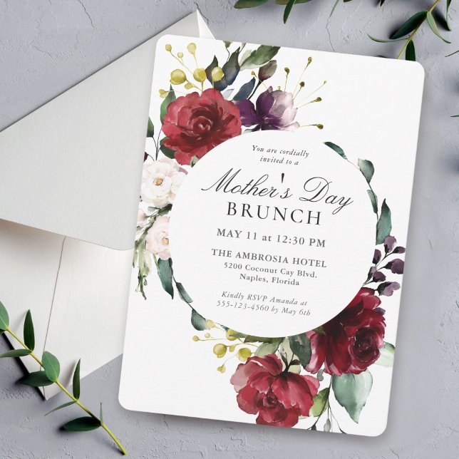 Invitation Elégant rouge et violet fleurs des mères Brunch de (Available in both printed and instant download digital formats.)
