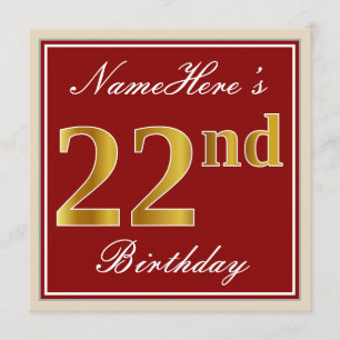 Invitation Elégant, Rouge, Faux Gold 22e anniversaire; Nom pe