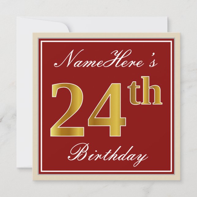 Invitation Elégant, Rouge, Faux Gold 24e anniversaire; Nom pe (Devant)