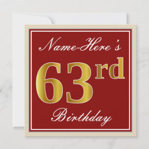Invitation Elégant, Rouge, Faux Gold 63e anniversaire; Nom pe