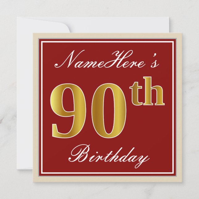 Invitation Elégant, Rouge, Faux Gold 90e anniversaire; Nom pe (Devant)