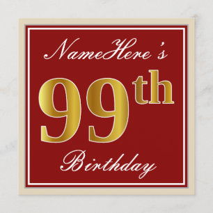 Invitation Elégant, Rouge, Faux Gold 99e anniversaire; Nom pe