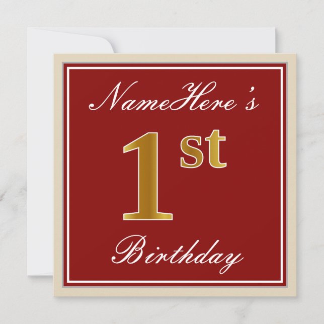Invitation Elégant, Rouge, Faux Or 1er Anniversaire + Nom per (Devant)