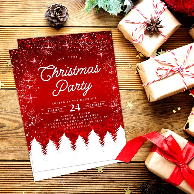 Invitation Élégant rouge | Fête de Noël des arbres et des flo (Créateur téléchargé)