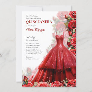 Invitation Elégant rouge formel longue robe aquarelle roses l