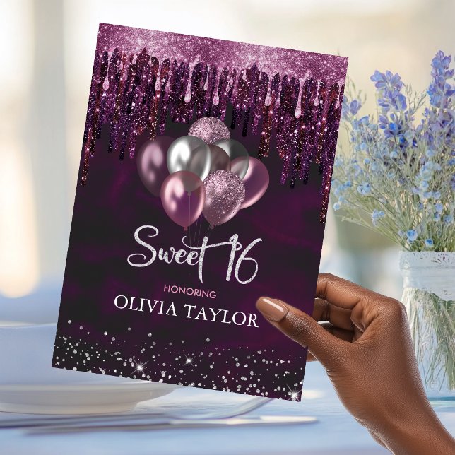 Invitation Élégant rouge gouttes parties scintillant ballons  (Créateur téléchargé)