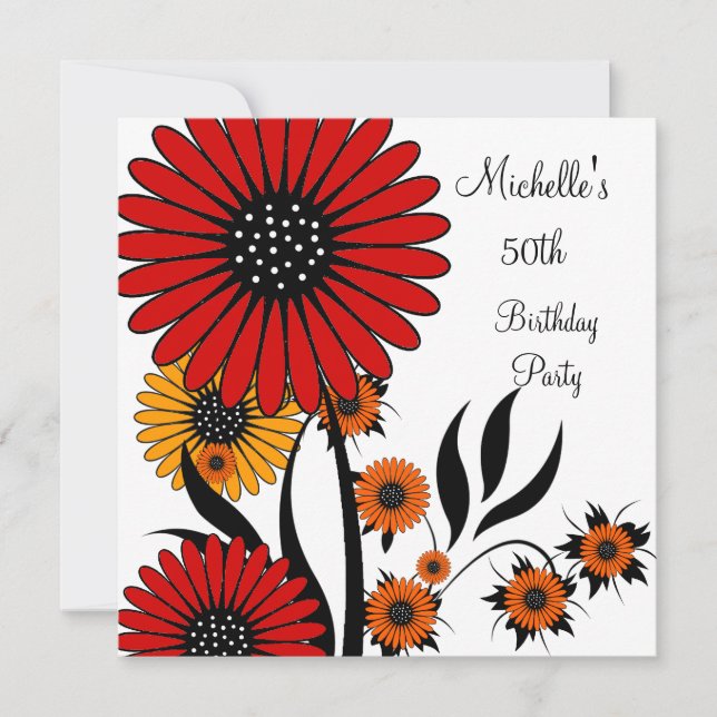 Invitation Elégant Rouge Jaune Floral Blanc 50e Anniversaire (Devant)