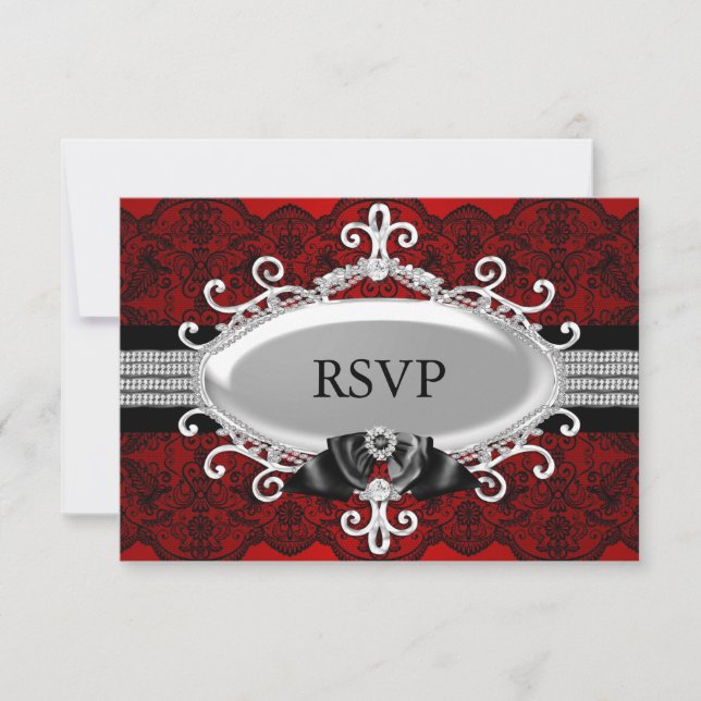 Invitation Elégant rouge noir dentelle et bijoux bow RSVP (Devant)