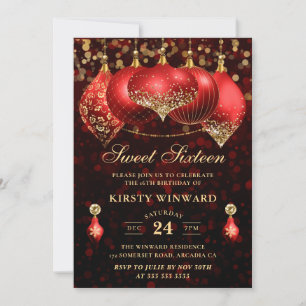 Invitation Elégant rouge & or Noël Baubles Sweet sixteen