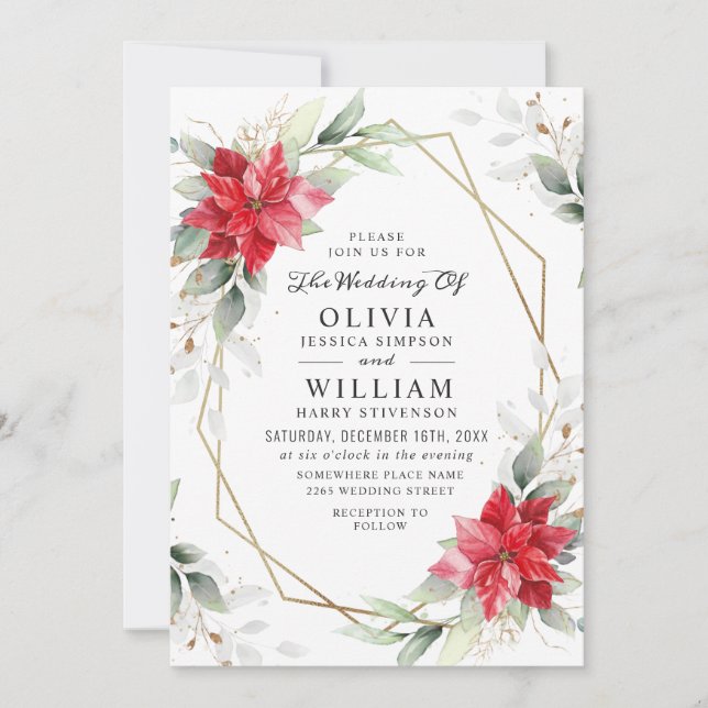 Invitation Elégant Rouge Poinsettia Mariage de verdure hivern (Devant)