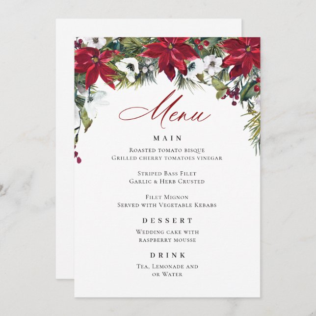 Invitation Elégant Rouge Poinsettia Menu Mariage de Noël (Devant / Derrière)