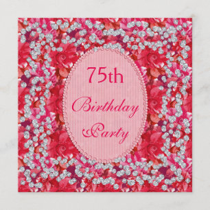 Invitation Élégant rouge/rose floral & diamant 75e anniversai