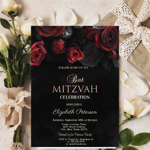 Invitation Élégant rouge Roses Bat mitzvah gothique