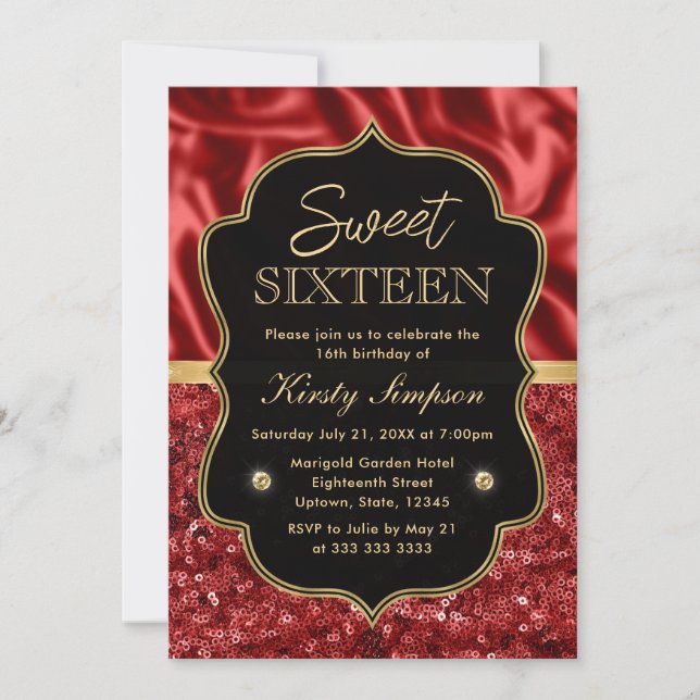 Invitation Elégant Rouge Satin & Parties scintillant Or Frame (Devant)