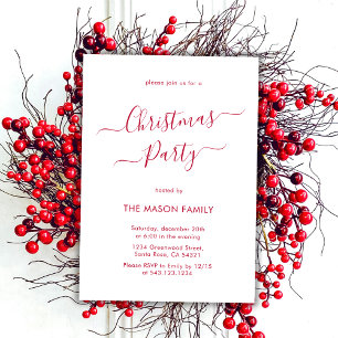 Invitation Élégant Rouge Script Blanc Fête de Noël