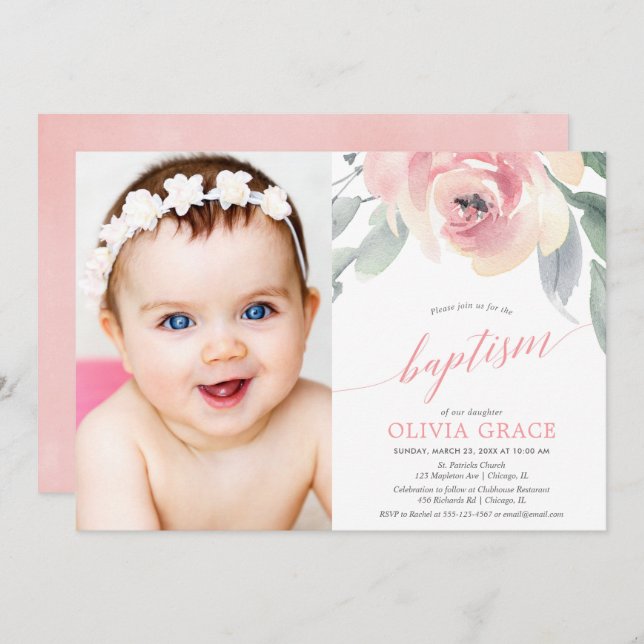 Invitation Élégant rougissent la photo florale rose de (Devant / Derrière)