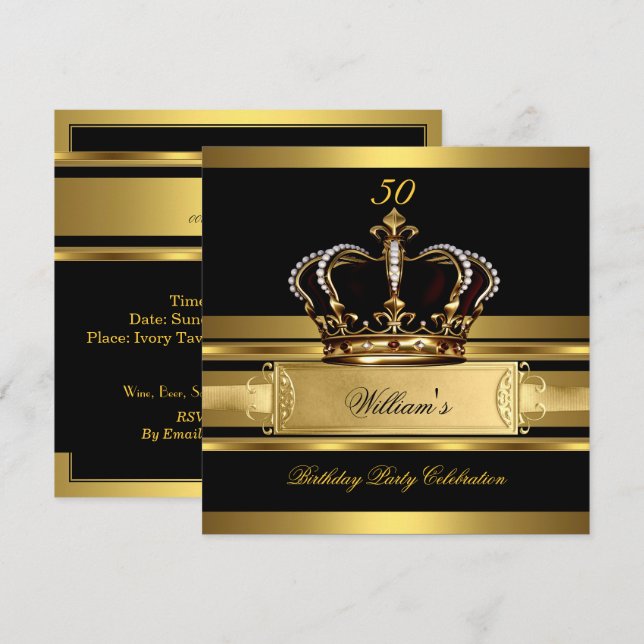 Invitation Elégant Royal Black Gold Anniversaire Prince King  (Devant / Derrière)