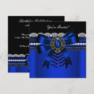 Invitation Elégant Royal Bleu Diamant Noir Or Broderie Anglai